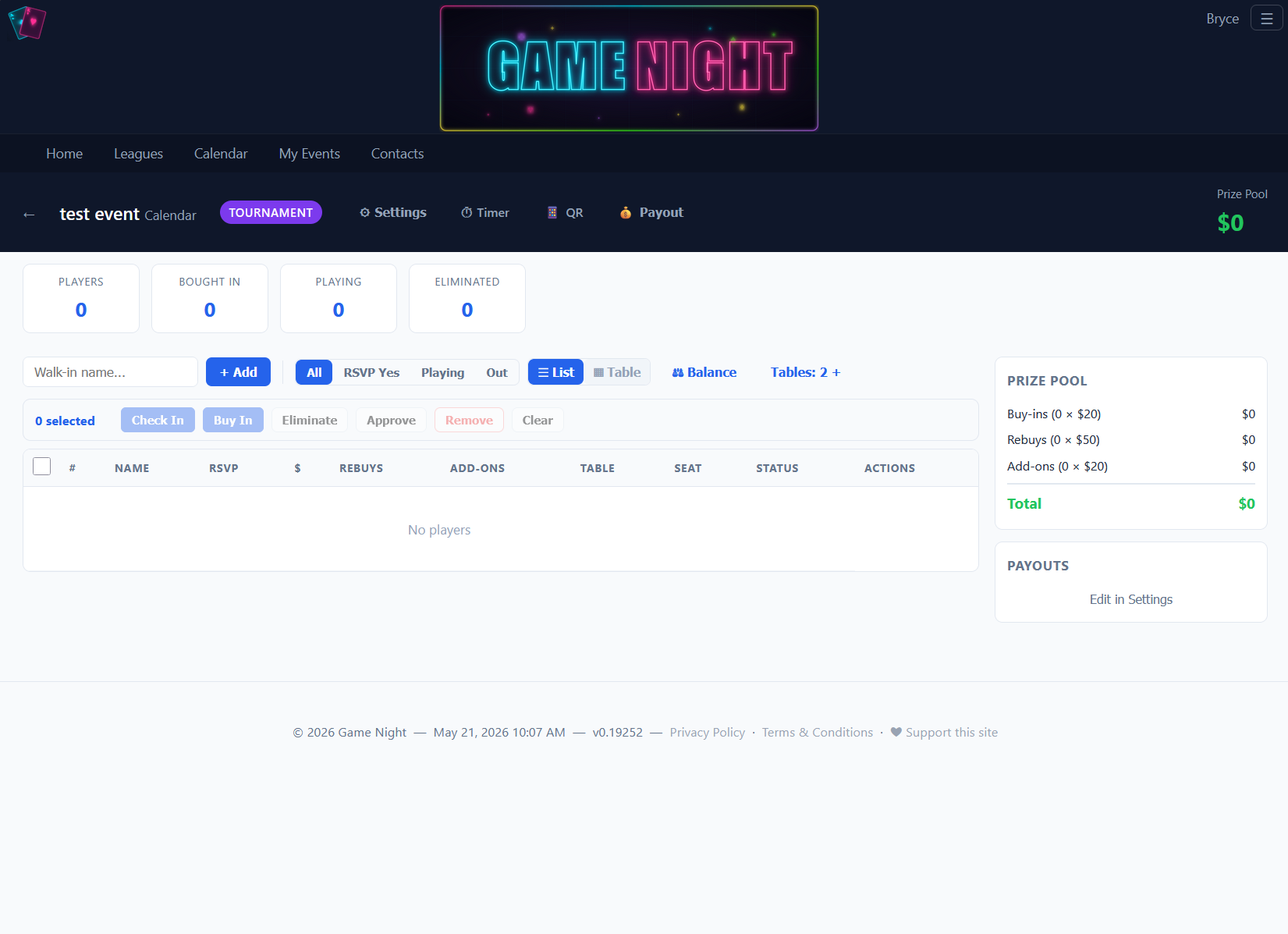 The check-in dashboard with players, tables, and prize pool