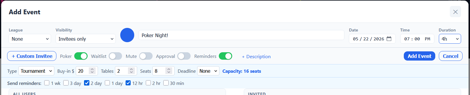 The Add Event dialog for scheduling a game night