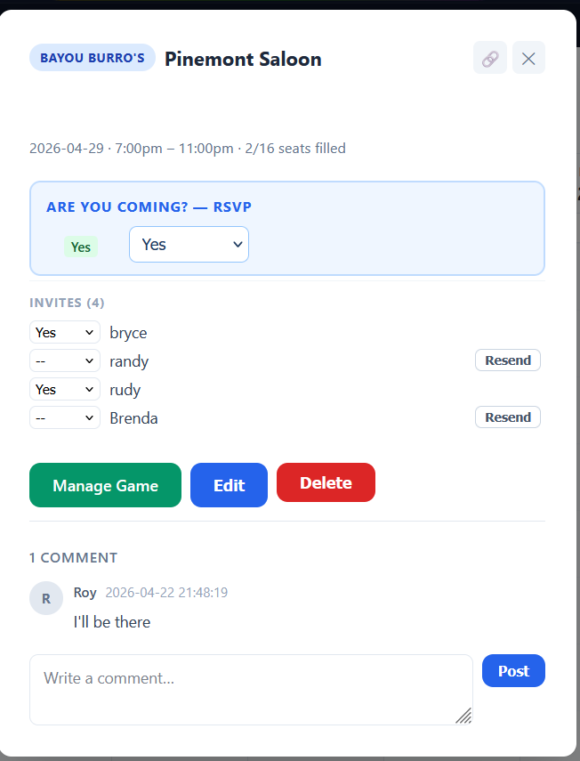An event invite list showing yes, no, and maybe RSVPs