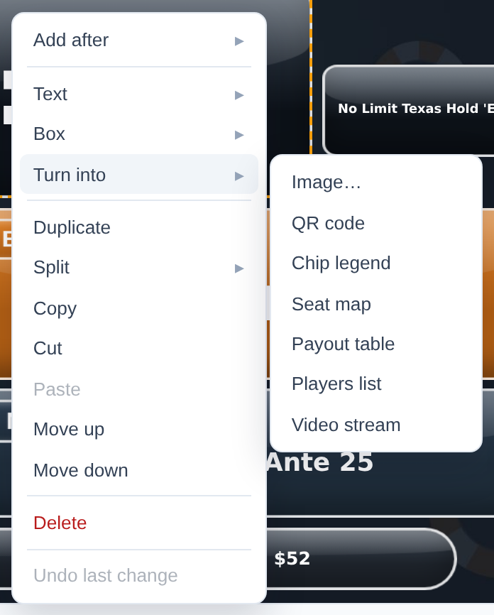 A cell's right-click menu with Turn into open: Image, QR code, Chip legend, Seat map, Payout table, Players list, Video stream