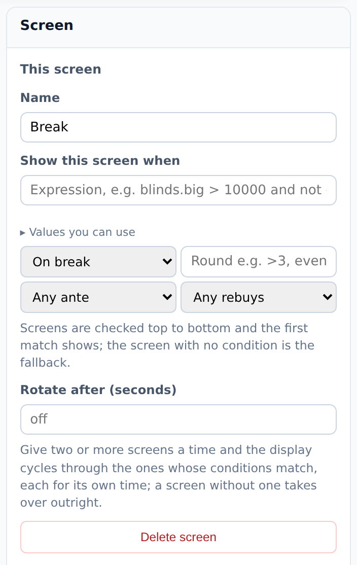 The Screen inspector with the Break tab selected: Name, Show this screen when with the On break state picked, Rotate after (seconds), and Delete screen