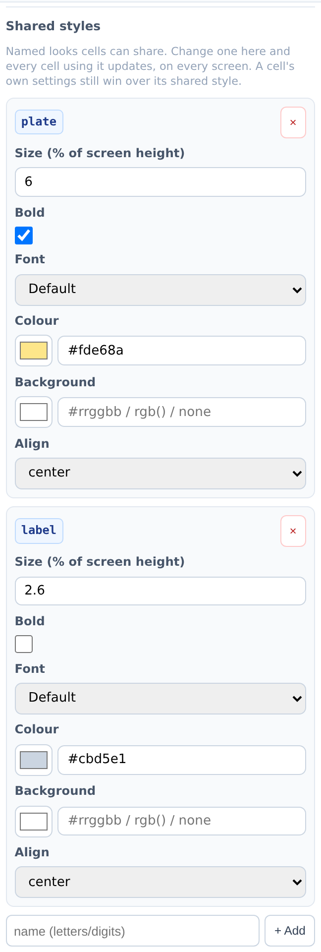 The Shared styles panel on the screen inspector: two named styles, plate and label, each with size, bold, font, colour, background and align fields