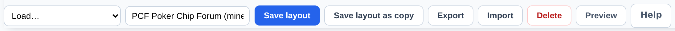 The editor toolbar: Load, the layout name, Save layout, Save layout as copy, Export, Import, Delete, Preview, Help